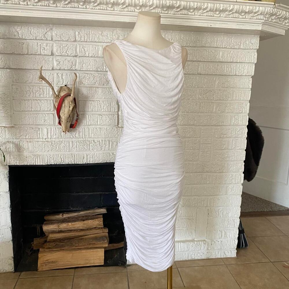 white avant-garde ruched maxi dress
